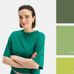 Modelka w zielonym topie. Paleta barw pokazuje, jaki kolor pasuje do ciemnozielonego: khaki, pistacjowy, limonkowy i szmaragdowy.