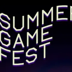 Napis "SUMMER GAME FEST" w stylu retro, z fioletowym cieniem.
