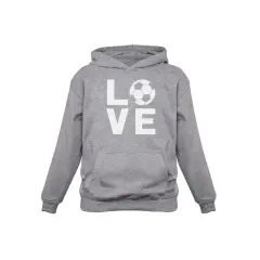 Szara bluza z kapturem dla dzieci z napisem "LOVE" i piłką nożną. Idealna dla małych fanów futbolu.
