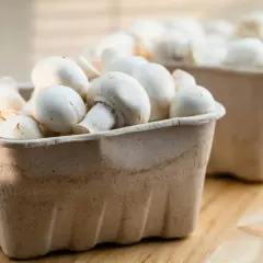 Vita champinjoner i pappförpackningar, redo att bli en del av en nyttig måltid.