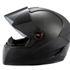 Casco de moto negro mate con visor ahumado levantado. Ideal para reparar casco moto y mantener tu equipo en óptimas condiciones.