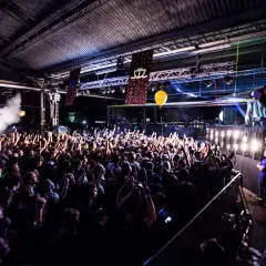 Stor publik under bron på en konsert, med ljus och rök som skapar en festlig stämning.