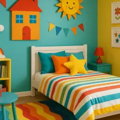 Une peinture de chambre garçon joyeuse avec un lit rayé, un arc-en-ciel, un soleil et des nuages.