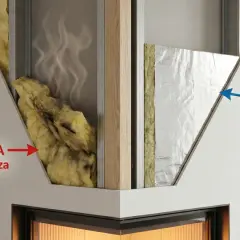 Przekrój ściany przy kominku: płyta G-K, wełna mineralna i ekran aluminiowy odbijający ciepło.
