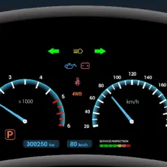 Panel de control de coche con velocímetro, tacómetro, indicador de combustible y el símbolo líquido de frenos.