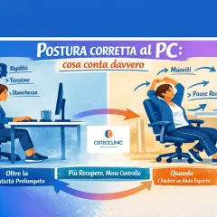 Illustrazione che mostra la postura corretta per studiare al PC: da una seduta rigida e stanca a pause e movimento per un recupero efficace.