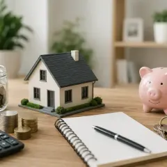 Planifica cómo comprar una casa sin ahorros: casa modelo, alcancía, calculadora, monedas y llaves.