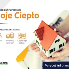 Program "Moje Ciepło" - poznaj warunki dofinansowania. Ikony symbolizują: dla kogo, ile można uzyskać, co podlega dotacji. W tle model domu.