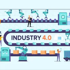 Nowoczesna fabryka z robotami i taśmociągami, symbolizująca produktywność wzór Industry 4.0.