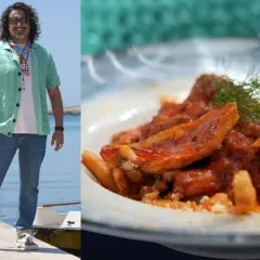 Chef Antonino Cannavacciuolo in Lampedusa, pronto per assaggiare i piatti di 4 ristoranti. Pasta al sugo di pesce in primo piano.