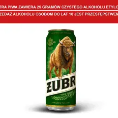 Puszczańskie piwo Żubr, z wizerunkiem żubra i napisem "Strażnik Puszczy". Informacja o zawartości alkoholu w piwie.