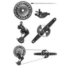 Comparing SLX vs XT: A bicycle drivetrain with a cassette, derailleur, chain, shifter, and crankset.