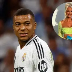 Kylian Mbappé w koszulce Realu Madryt i kobieta w limonkowym topie w okręgu.