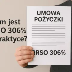Ręka trzyma dokument z napisem "Umowa pożyczki" i "RRSO 306%". Tekst obok pyta "Czym jest RRSO 306% w praktyce?". Szukasz mało znane chwilówki ale pewne?