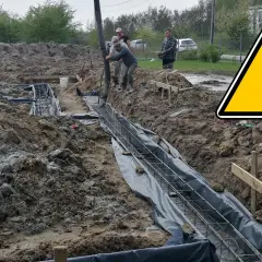 Budowa trwa: betonowanie ław fundamentowych. Pracownicy wylewają beton do wykopu z zbrojeniem.