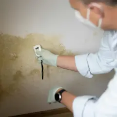 Mann mit Handschuhen und Maske misst Feuchtigkeit an schimmeliger Wand. So wird trockenen Schimmel entfernen.