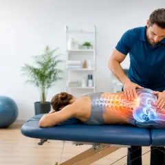 Fizjoterapeuta wykonuje terapię manualną kręgosłupa i biodra pacjentki, ukazując ból w tych obszarach.