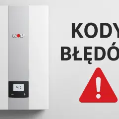 Na piecu gazowym marki WOLF wyświetla się kod błędu "47". Obok widnieje napis "KODY BŁĘDÓW" i czerwony trójkąt z wykrzyknikiem.