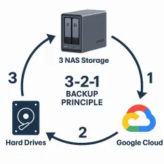 Das 3-2-1 Backup-Prinzip: NAS-Speicher, Festplatten und Google Cloud sorgen für sicheres backup.