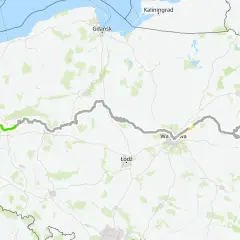 Mapa trasy rowerowej EuroVelo 11 przez Polskę, z zaznaczonymi miastami jak Gdańsk, Warszawa i Brześć.