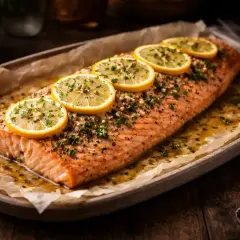 En saftig laxsida i ugn, toppad med citronskivor och örter. Perfekt för en enkel och god middag.