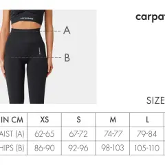 Tabela rozmiarów dla damskich dresów Carpatree. Wymiary w centymetrach dla talii (A) i bioder (B) w rozmiarach XS-XL.