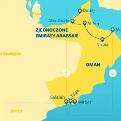 Mapa pokazuje gdzie jest Oman, Zjednoczone Emiraty Arabskie, Katar, Arabia Saudyjska i Jemen. Zaznaczone miasta to Dubaj, Al Ain, Nizwa, Maskat, Salalah, Taqa i Mirbat.