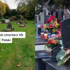 Porównanie: jak wyglądają cmentarze w Niemczech (po lewej, zadbane trawniki) i w Polsce (po prawej, bogato zdobione nagrobki).