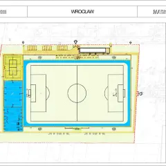 Projekt boiska piłkarskiego we Wrocławiu z boiskiem głównym, boiskiem do siatkówki plażowej i innymi obiektami sportowymi.