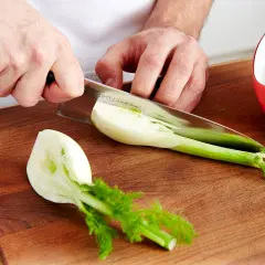 Hände schneiden Fenchel für leckere Fenchel Rezepte. Ein Teil liegt auf dem Holzbrett, ein anderer in einer roten Schüssel mit Wasser.