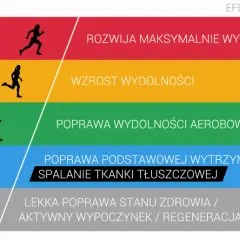 Grafika przedstawia poziomy wysiłku i ich efekty. Strefa aerobowa jest kluczowa dla poprawy wydolności.
