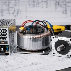 Elementy do budowy prądnicy: zasilacz, transformator toroidalny i silnik krokowy na tle schematu elektrycznego.