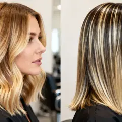 Dos looks de cabello: uno con ondas rubias y otro liso con balayage caramelo y mechas marcadas.
