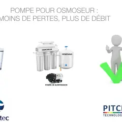 Une pompe booster pour osmoseur améliore le débit et réduit les pertes d'eau. Un système d'osmoseur avec réservoir et une pompe de surpression sont illustrés.