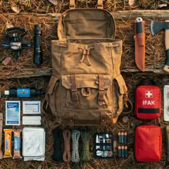 Plecak i ekwipunek survivalowy: nóż, siekiera, latarka, filtr wody, MRE, apteczka IFAK, kompas, mapa, baterie. To wyposażenie preppersów, którzy wiedzą, kto to jest i jak się przygotować.