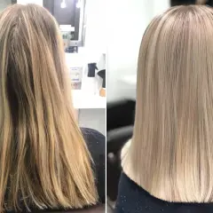 Vorher/Nachher: Langes, gestuftes Haar wird zu einem glatten, schulterlangen Schnitt mit heller Blondfärbung.