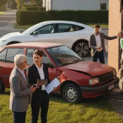Incidente stradale con auto danneggiata e muro abbattuto. Un uomo e una donna valutano i danni, forse per un **aumento assicurazione auto**.