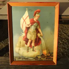 Gemälde zeigt den Heiligen Florian, der mit einem Krug Wasser ein brennendes Dorf löscht.