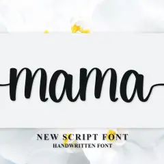 La palabra "mama" escrita en una fuente script elegante, sobre un fondo blanco con flores de orquídea.
