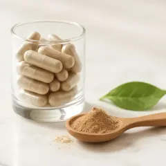 Capsule e polvere di adattogeni in un bicchiere e su un cucchiaio di legno, con una foglia verde sullo sfondo.