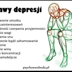 Ilustracja przedstawia objawy depresji: smutek, utratę zainteresowań, zmęczenie. Postać skulona, z rękami na twarzy, symbolizuje epizod depresyjny.