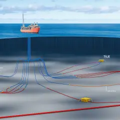 Ilustracja przedstawia podwodne systemy wydobywcze z rurociągami i jednostką FPSO na powierzchni.