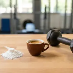 Creatina e caffè: la combinazione perfetta per un allenamento esplosivo. Un manubrio, una tazzina di espresso e una dose di creatina in polvere su un tavolo di legno.