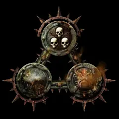 Mroczny symbol z trzema czaszkami, mózgiem i bestią, otoczony zardzewiałymi kolcami. Harbinger of decay.