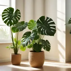 Stora, flikiga blad från en blomma monstera lyser upp rummet. Solen strilar in genom fönstret och skapar vackra skuggor på väggen.