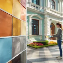 Échantillons de couleurs de façade devant une maison, une femme tient une palette de couleurs.