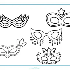 Conjunto de dibujos de carnaval kawaii para colorear: máscaras con plumas, estrellas y adornos. ¡Perfectos para una fiesta!