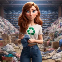 Chica con camiseta de reciclaje rodeada de montañas de ropa, un reflejo del impacto del fast fashion.