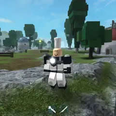 Postać w grze Roblox, która istnieje od 2006 roku, stoi na tle krajobrazu z budynkami i drzewami.