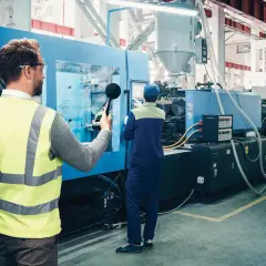 Un técnico con chaleco reflectante mide el nivel de presión sonora de una máquina industrial.